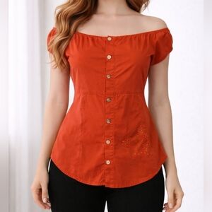 VTG APPLE BOTTOMS Coral Button Down Off Shoulder Babydoll Blouse XL